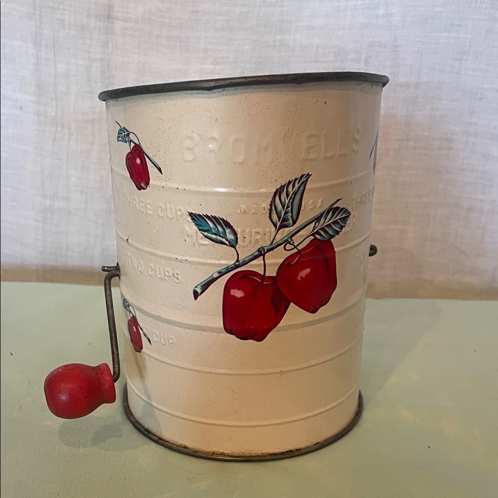 Vintage Flour Sifter with Red Apple Design